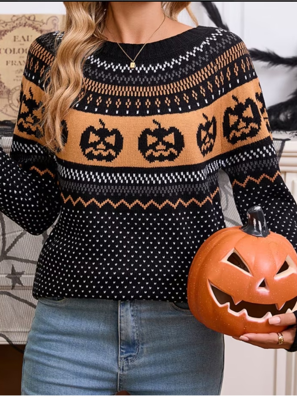 Retro Cozy Pumpkin Fair Isle Halloween Sweater - Picture 3 of 9